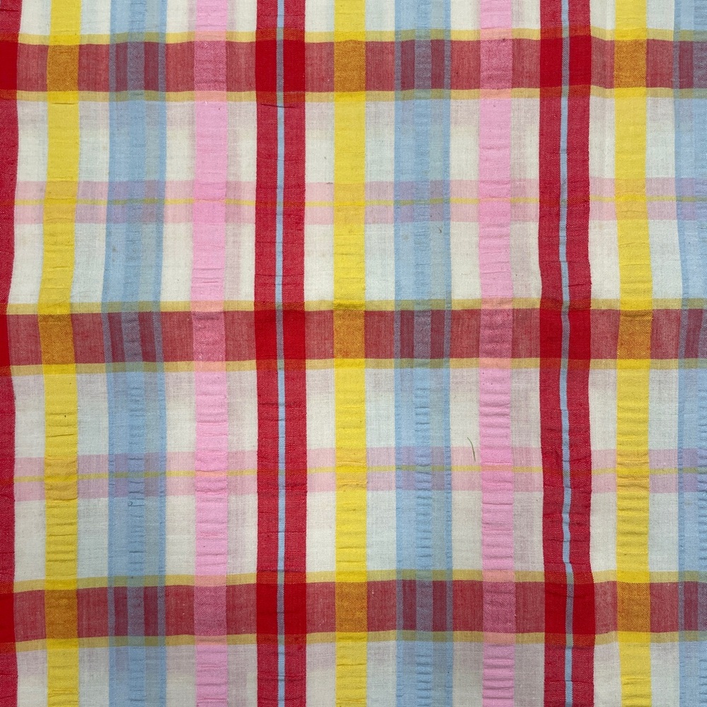 Plaid Seersucker Fabric – Textured Cotton Blend - Red Yellow Blue Pink